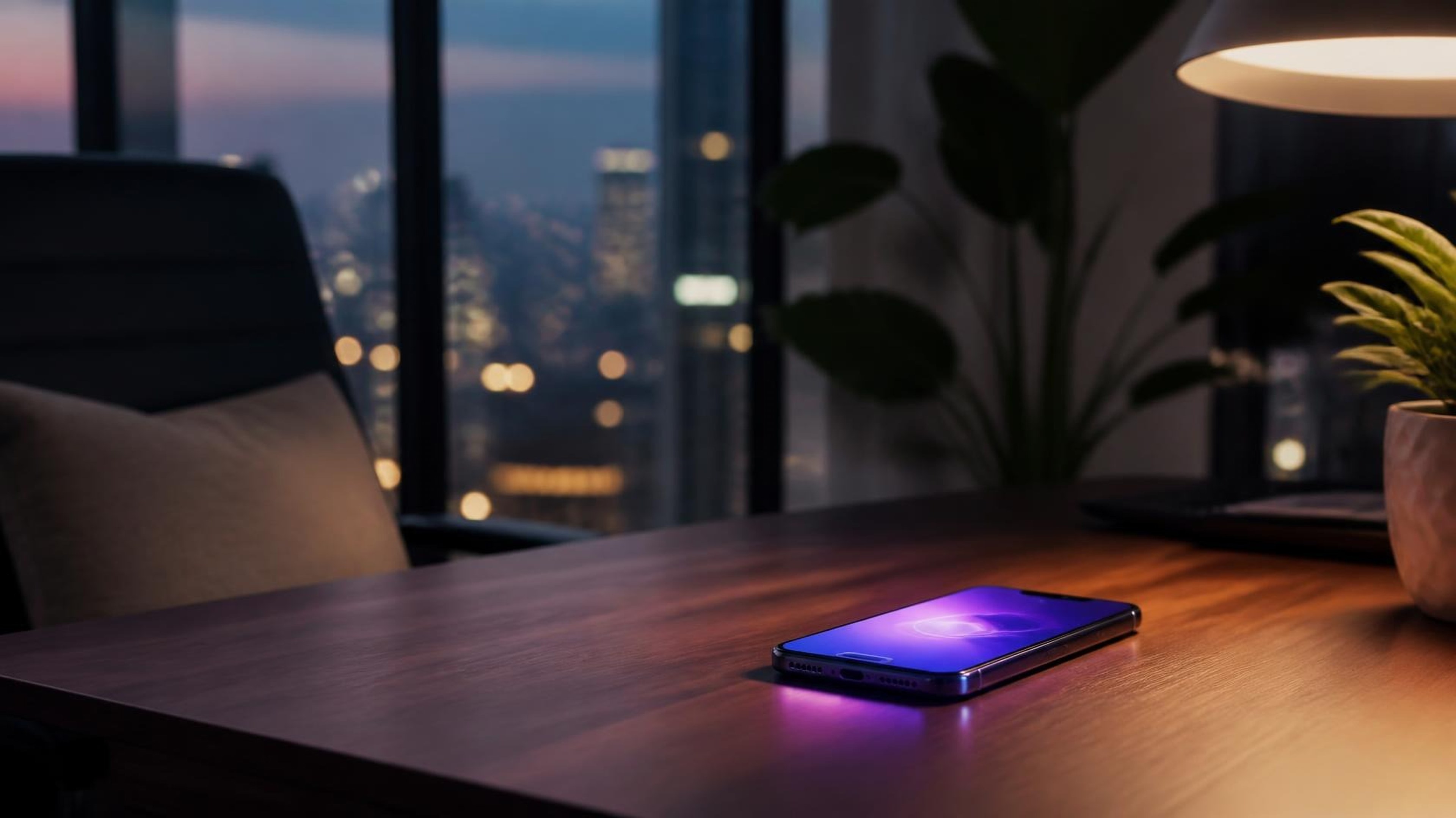A smartphone glowing on a desk in a calm modern studio at dusk