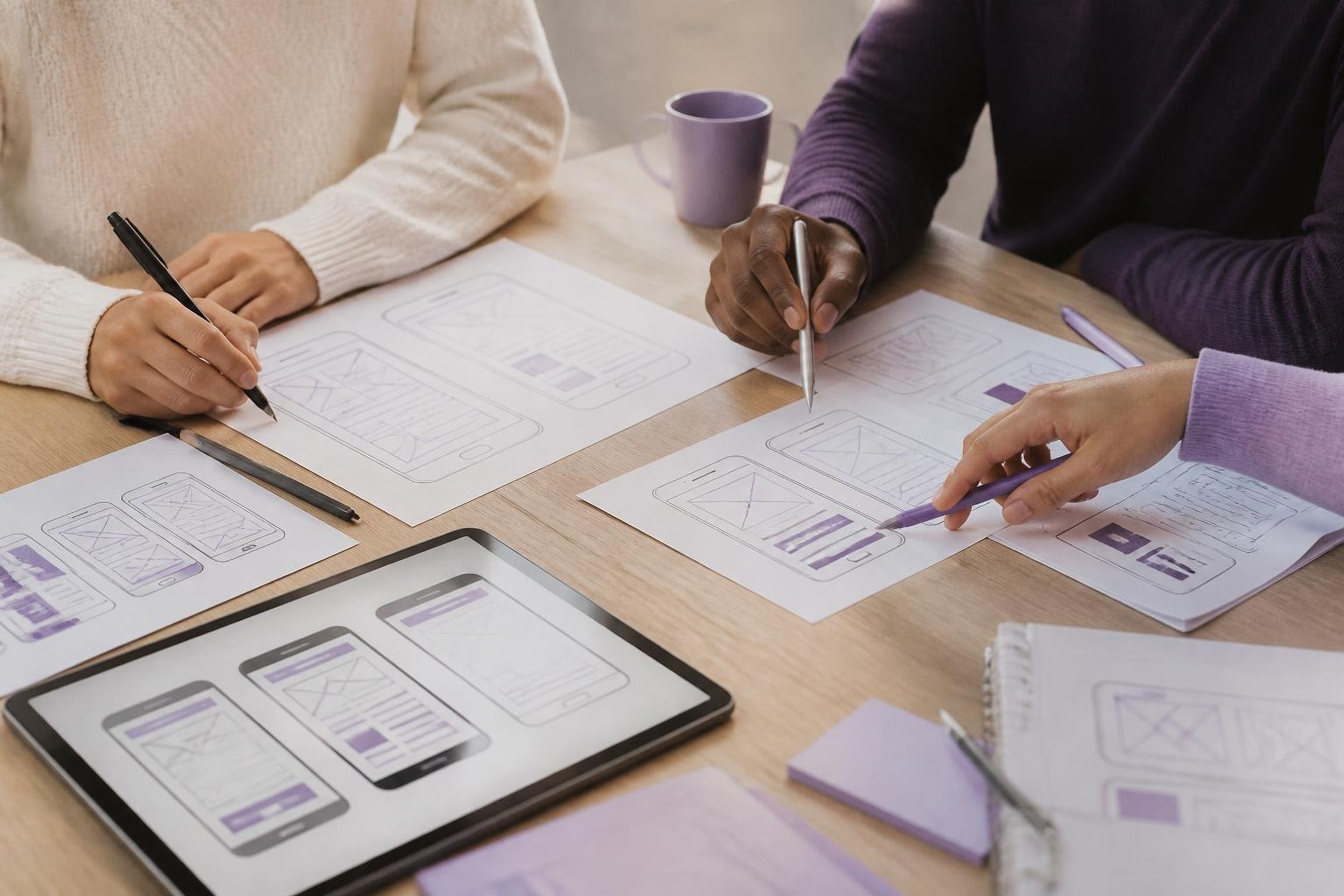 A team sketching app screens around a table